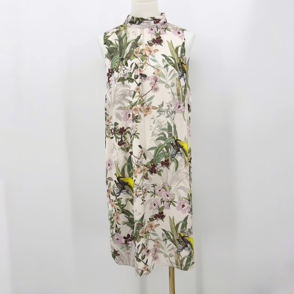 H&M Shift Dress Tropical Bird Floral Tie Back Cream M Boho Garden Party Romantic
